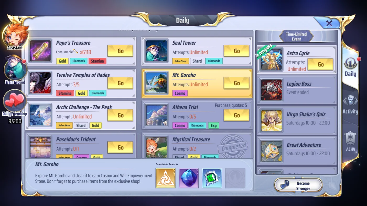 Daily Activities in Saint Seiya Awakening