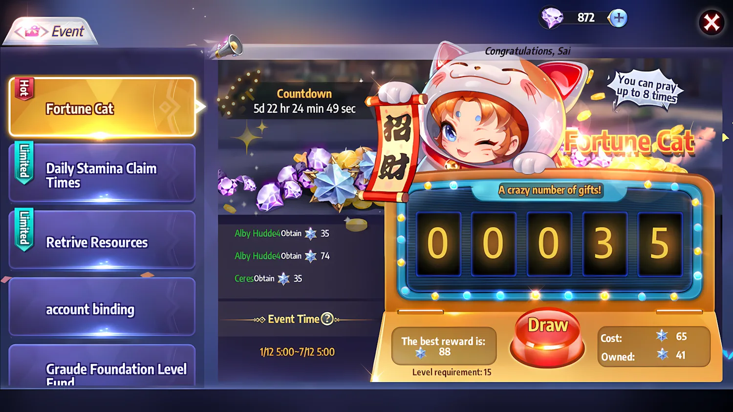 Saint Seiya Awakening Lucky Cat Event